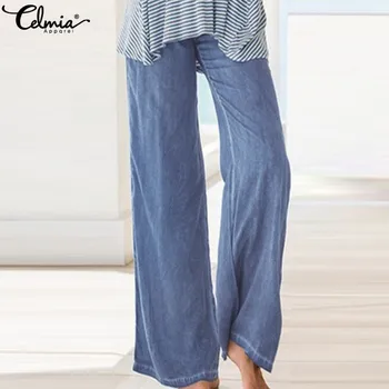 

Celmia Women High Waist Pants 2020 Fashion Long Trouser Female Casual Denim Blue Wide Leg Pant Work Pantalon Palazzo Plus Size