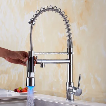 

GIZERO Kitchen Mixer Faucet Hot And Cold Water Swivel Taps Pull Down Spray Chrome Polishe LED Faucet ZR697