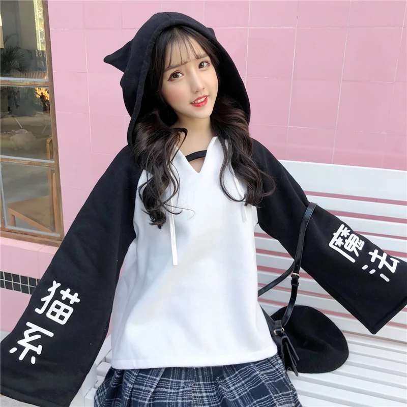 

Sweet cute hooded Sweatshirt fashion Chinese character print wild color matching loose horn sleeved cat ear shape hat pullover