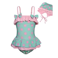 Костюм для купания для маленьких девочек в горошек с рисунком для детей, для девочек, одежда для купания, купальник, кепки Гавайская Юбка с рюшами купальник для малышей, с бантом, детская одежда для пляжа ванный комплект