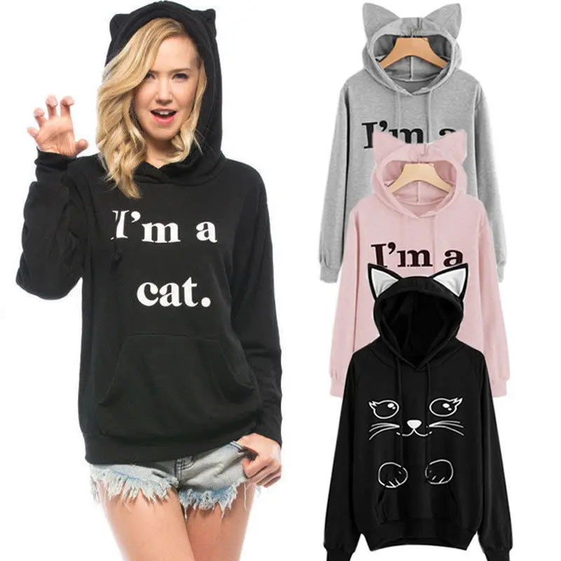 Женская толстовка с капюшоном I AM A Cat пуловер кошачьими ушками свитер длинным