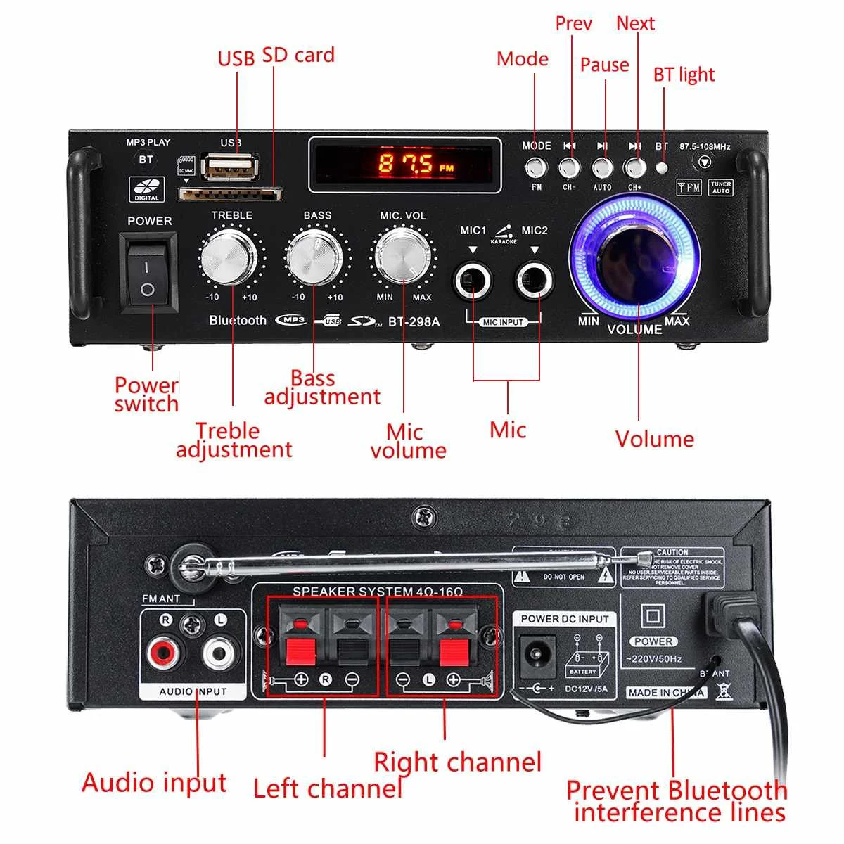 300 Вт + 12/220V 2 канала Hi Fi стерео аудио кабель Мощность усилитель bluetooth FM радио