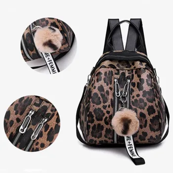 

2019 New Brand Fashion Women Girls Leopard PU Leather Backpack Fluffy Ball Rucksack School Bag
