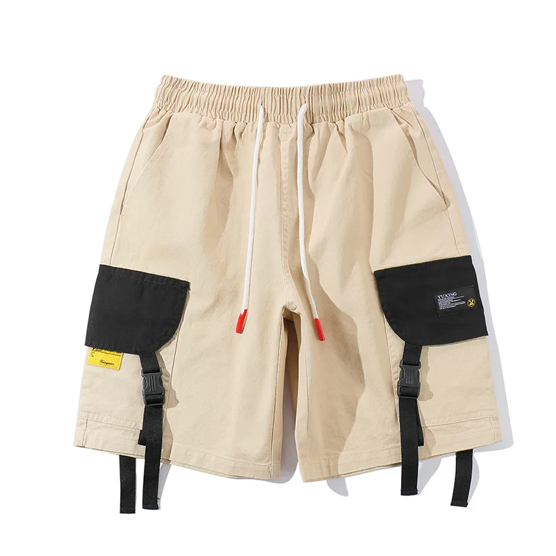 

Harajuku Joggers Men Cargo Shorts Mens Shorts with Pockets Block Patchwor Ribbons Knee Length Shorts M-2XL