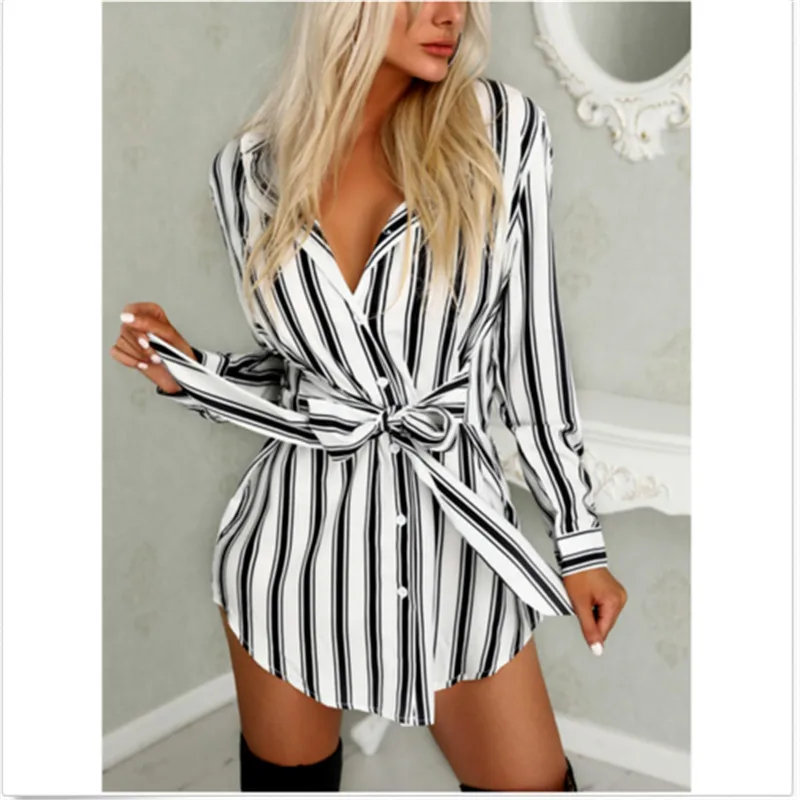 

Womens Tops And Blouses Women Fashion Long Shirt Dress V-neck Stripe Print Summer Shirtdress Long Sleeve V-neck Summer Fashion
