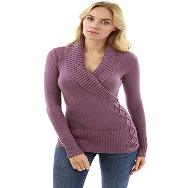 

Fashion Sexy Women Sweaters Spring Autumn Knitted Tops Solid Jumper Long Sleeve V-neck Side Lace Up Casual Pullover Pull Femme