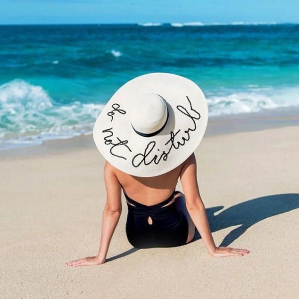 

Hawaiian straw hat Letter Embroidery Will Eaves Sun Hat Straw Hat Ma'am Summer Sun Hat You Sandy Beach Sunscreen Foldable