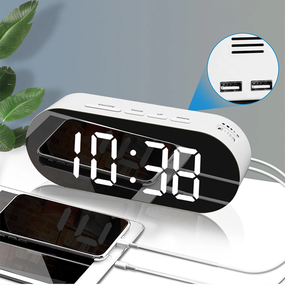 

Multifunction LED Mirror Alarm Clock Digital Clock Large Time Display Thermometer Plug-In Dual USB Mirror Desktop Alarm Clock