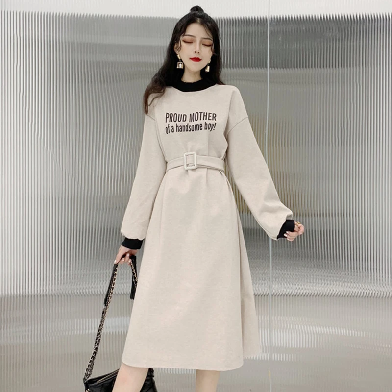 

vintage Women's Clothing autumn fashion stand letter print split sashes waist straight Woollen fabric long sleeve black dresses