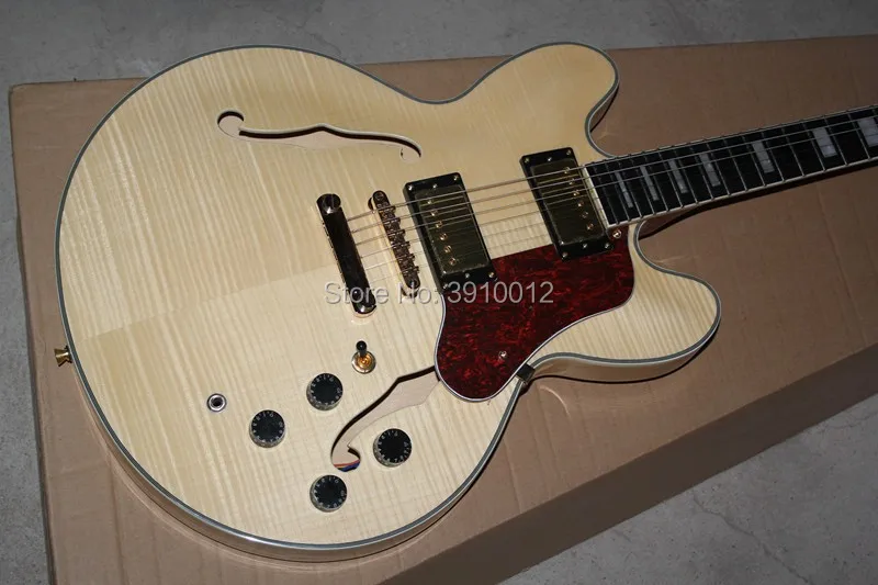 Factory Wholesale Wood Color Body Semi-hollow Electric Guitar with Tiger maple veneer Red tortoise shell panel Offer Customized Factory Wholesale Wood Color Body Semi-hollow Electric Guitar with Tiger maple veneer Red tortoise shell panel Offer Customized