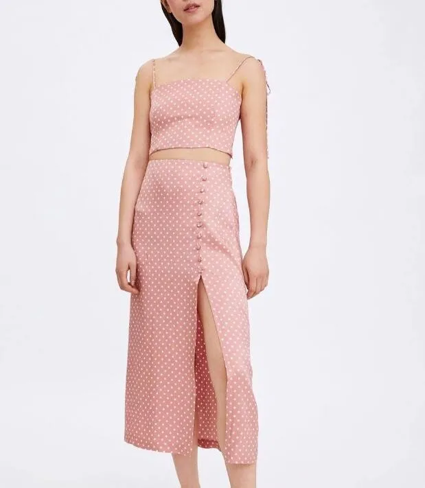

Summer Short Polka Dot Two Pieces Set Cute Pink Sets Vacation Beach Camisoles Tube Tops Sleeveless High Waist Split Slim Skirt