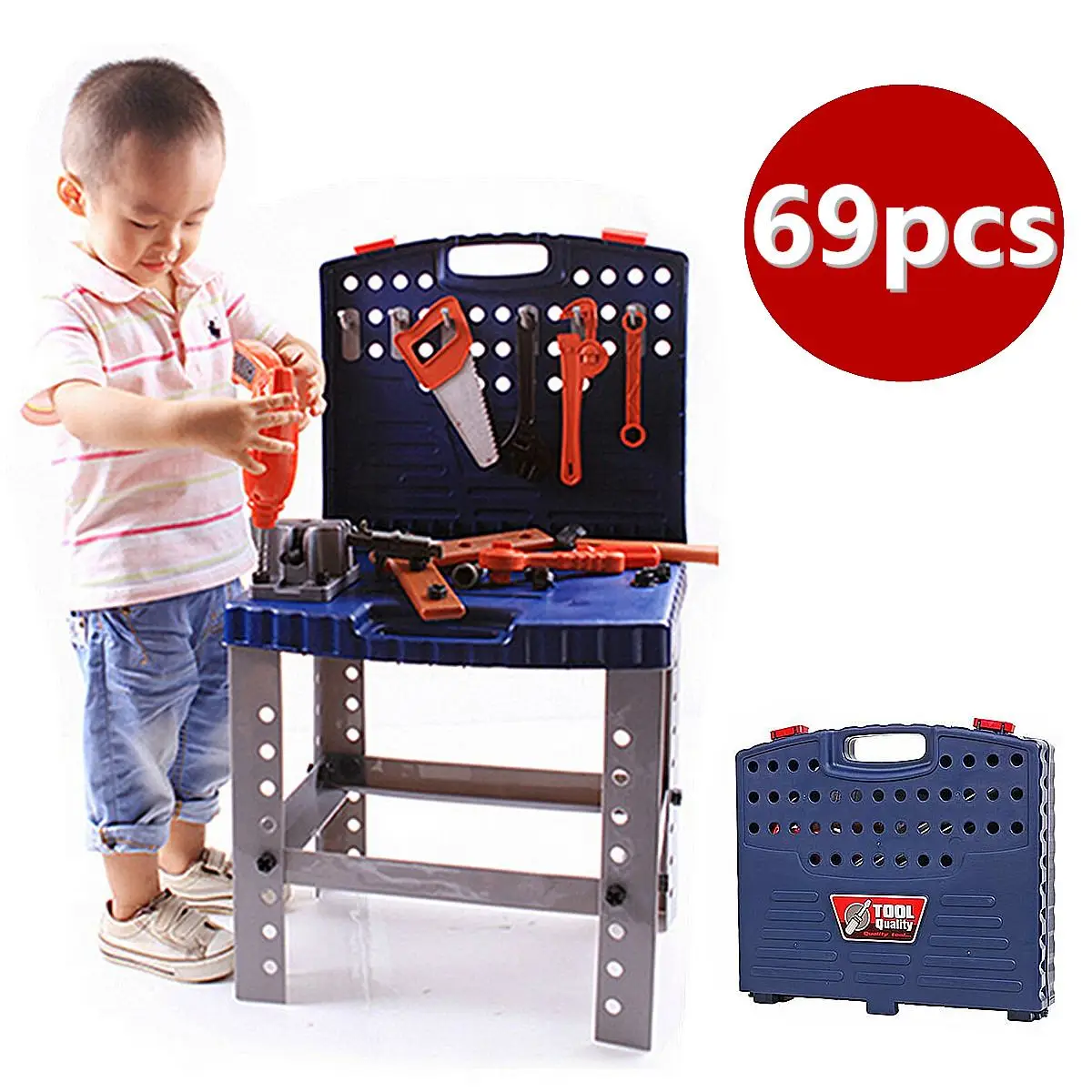 69Pcs Children's Tool Box Foldable Work Bench With Repair Tools Set Mutifunctional Kids Baby Role P