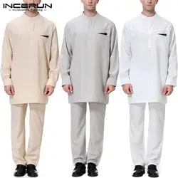 INCERUN мусульманскую одежду Для мужчин топы и брюки наборы исламский, Арабский Кафтан Новая мода с длинным рукавом Thobe костюм Для мужчин