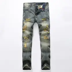Для мужчин проблемных Рваные джинсы модные дизайнерские прямые уличная Байкер повседневные джинсовые штаны уличная Стиль рок-звезда