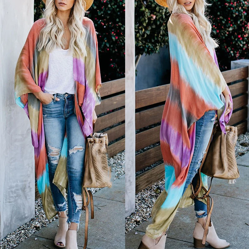

Women Boho Stripes Loose Kimono Tops Beach Cover Up Cardigan Long Coat Blouse