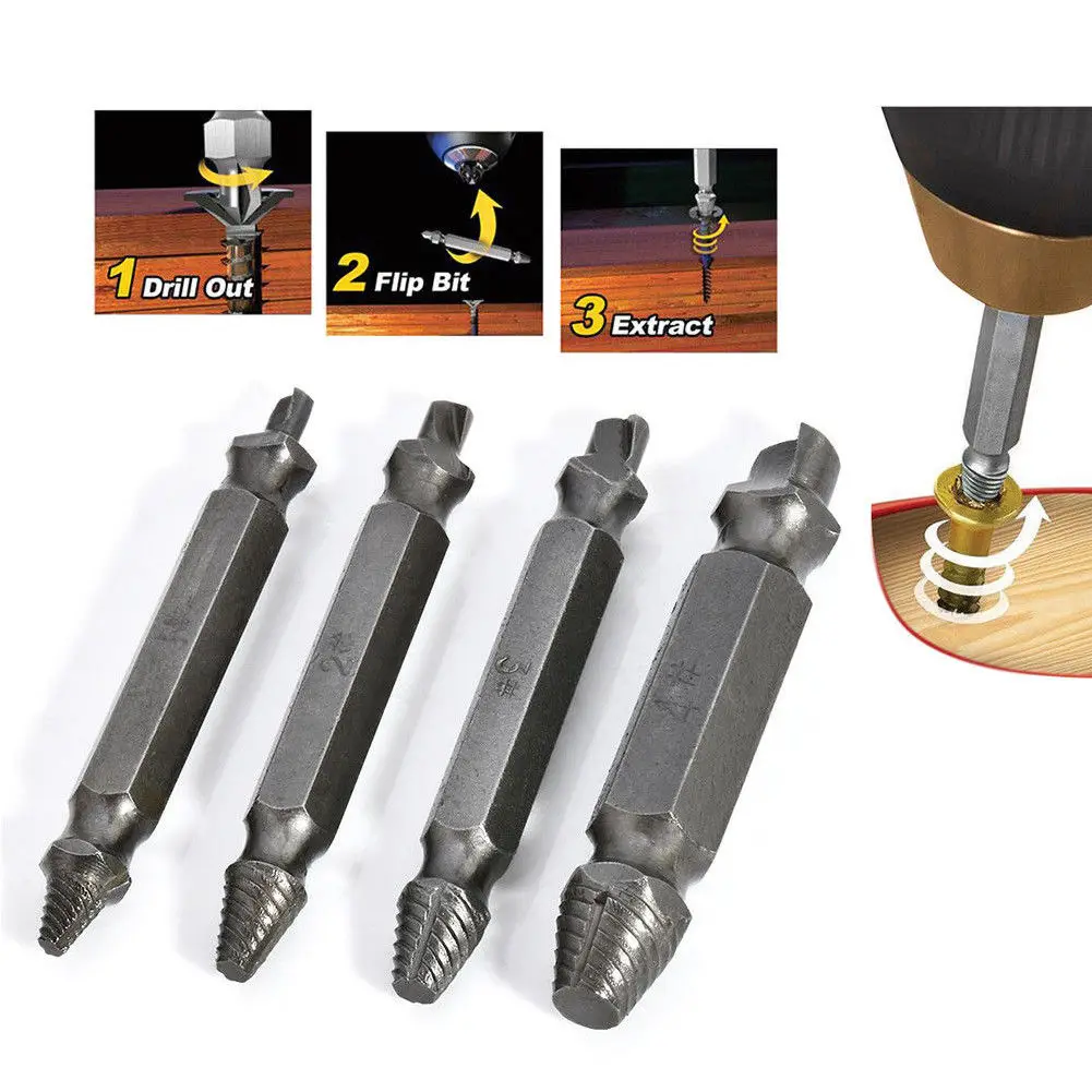 4 pieces Spiral Flute Screw Extractor and Drill Set,Damaged Screw Extractor and Remove Set