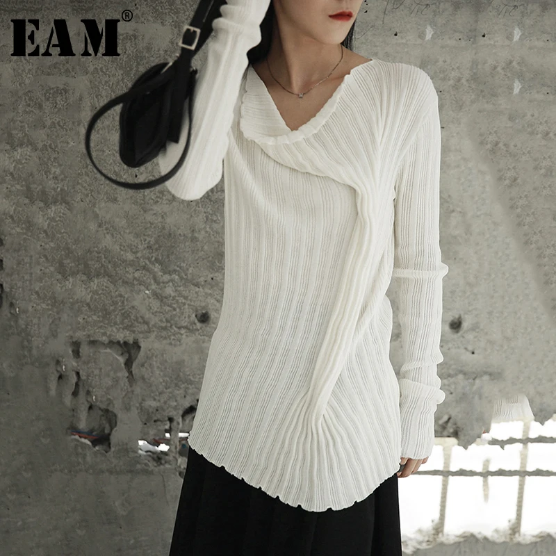 

[EAM] 2019 New Spring Round Neck Long Sleeve white Fold Loose Knitting Brief Sweater Women Fashion Tide All-match JH431