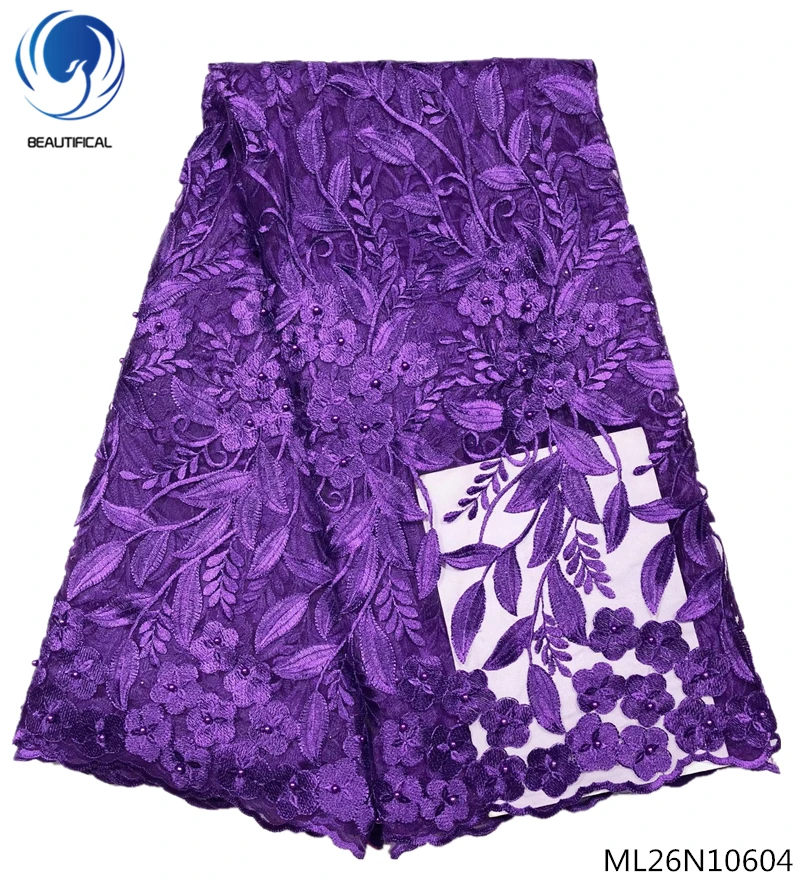 

BEAUTIFICAL purple lace embroidery fabric african net lace with beads french tulle 5 yards/piece new lace ML26N106