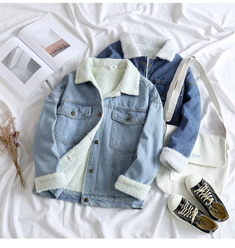 Spring Faux Fur Denim Jacket Causal Women Front Button Flap Pockets Blue Lambswool Jeans Coat Thick Lining Bomber Parka Jacket