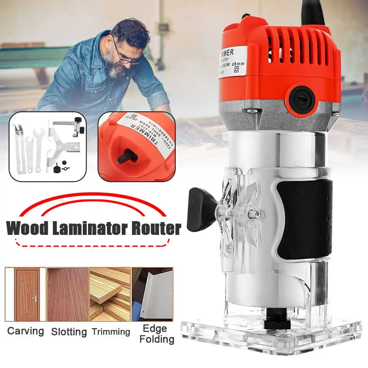 

30000RPM 220V 800W 6.35mm 0.25 Inch Wood Laminate Router Electric Hand Trimmer Router Joiners DIY Woodworking Tool Machine
