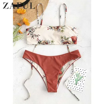 

ZAFUL Bikini 2019 Floral Tie Shoulders Reversible Bikini Two Pieces Set Wire Free Women Swimwear Padded Vintage Swim Suit