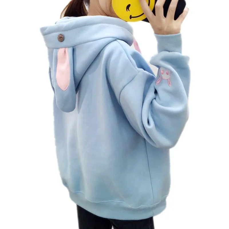 Kawaii الحلو آذان أرنب مقنعين البلوز المرأة المتناثرة هوديس فضفاض التطريز الكرتون رياضية البلوفرات Moletom زائد XXL Kawaii الحلو آذان أرنب مقنعين البلوز المرأة المتناثرة هوديس فضفاض التطريز الكرتون رياضية البلوفرات Moletom زائد XXL