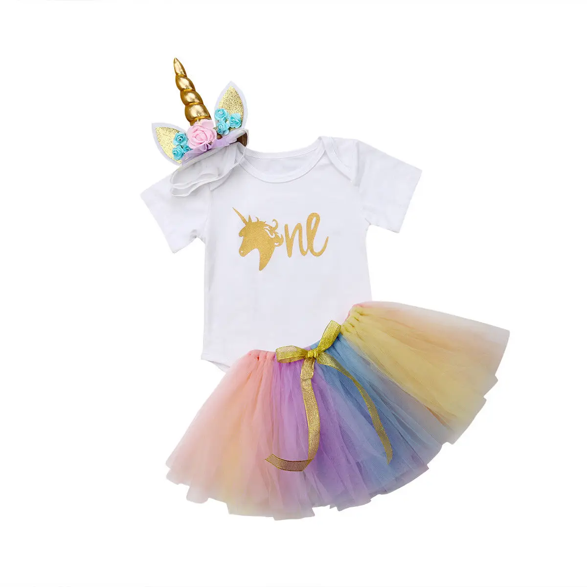 

Hot Newborn Baby Girls Cotton Short Sleeve Unicorn Romper Tops Tulle Dress Headband Outfit Set Birthday Summer Sets