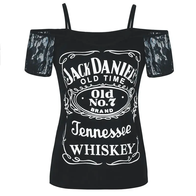 T Shirt Women Letters Print Lace Patchwork Sleeve Spaghetti Strap T