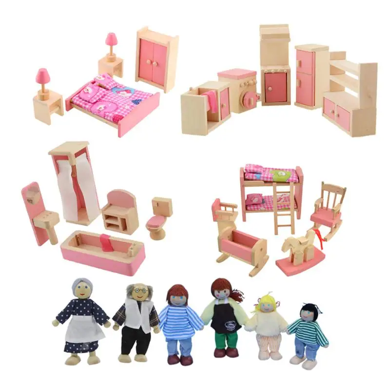 Кукольная мебель детская игрушка двуспальная кровать с подушками и Одеяло деревянная кукла Ванная комната кукольный домик с мебелью миниатюрные детские
