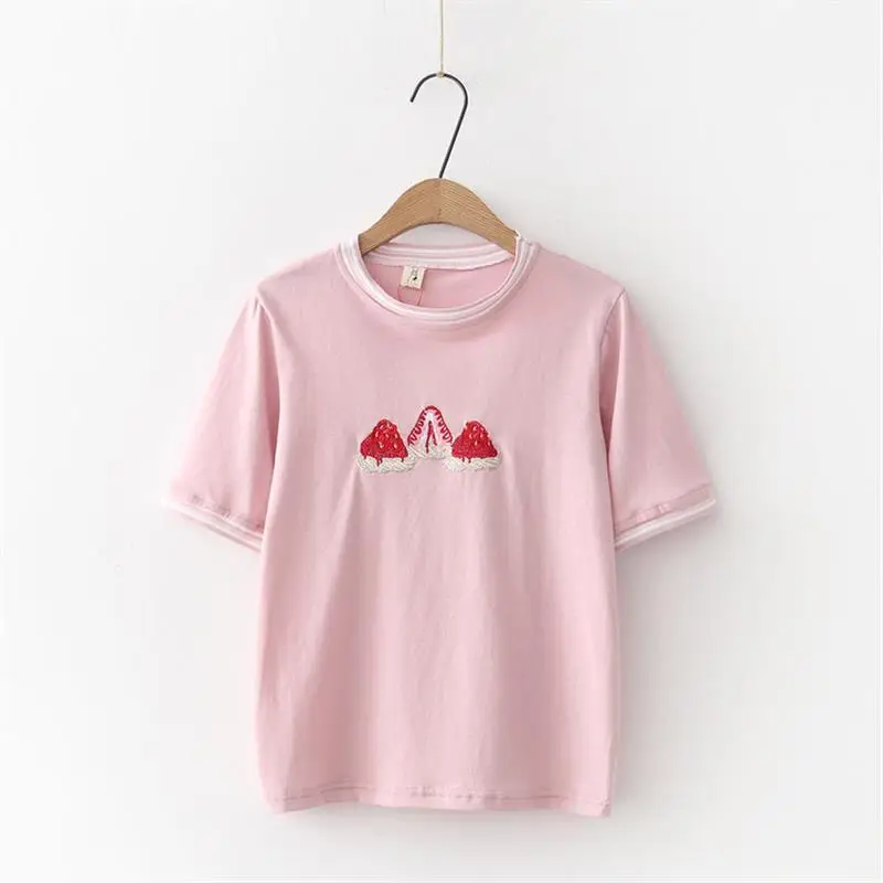 Women's T Shirt Strawberries Embroidery Pink White Summer Top Tee Cute