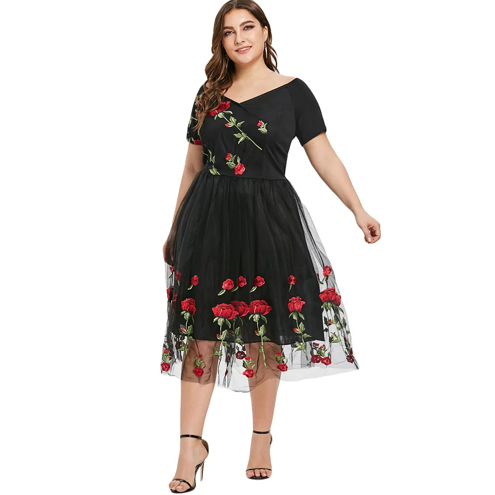 

Wipalo Women Plus Size Off The Shoulder Floral Embroidery A Line Dress Mesh Patchwork Short Sleeve Mid-Calf Party Dress Vestidos