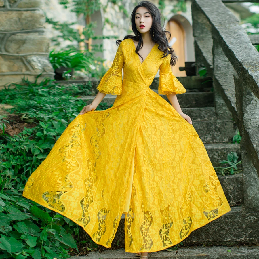 

2019 Summer New Women Lace Dress Female Sexy Hollow Out Solid Color Slim V-neck Half Sleeve Party Dresses Vestidos