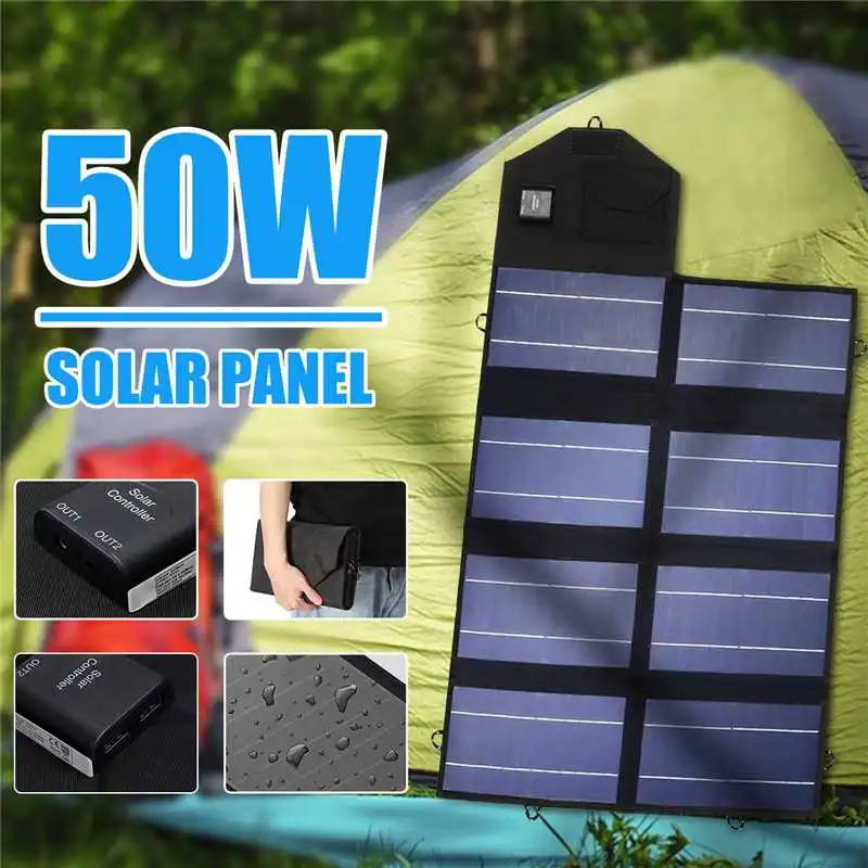  Portable 50W 12V Solar Panel Dual USB Folding Waterproof Charger Mobile Power Bank for Phone Batter
