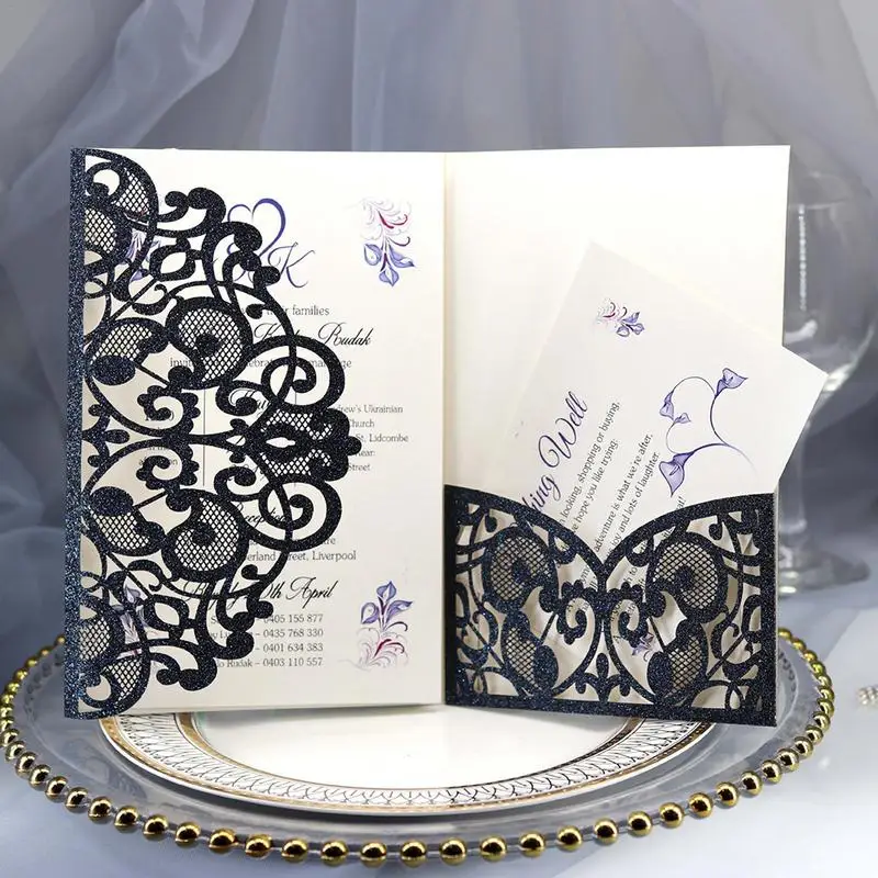  10PCS European Style Glitter Invitations Laser Cut Wedding Invitations Cards Festive Greeting Cards - 33006433064