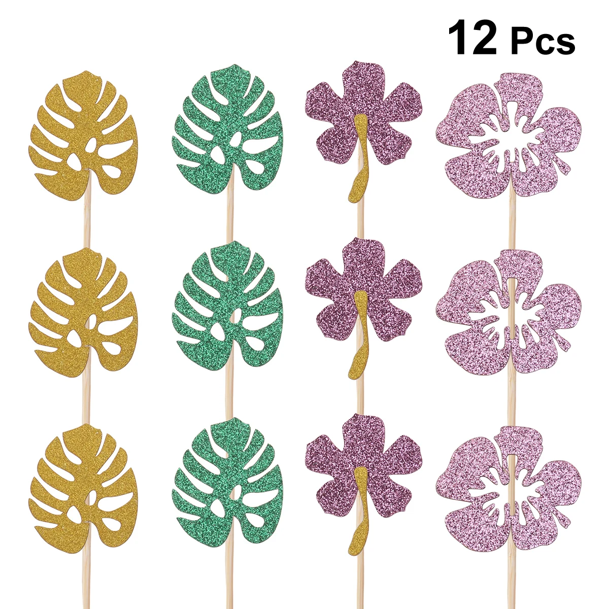 

12pcs Hawaiian Cake Topper Gold Card Cupcake Topper Picks Tropical Leaves Cake Topper for Wedding Bithday