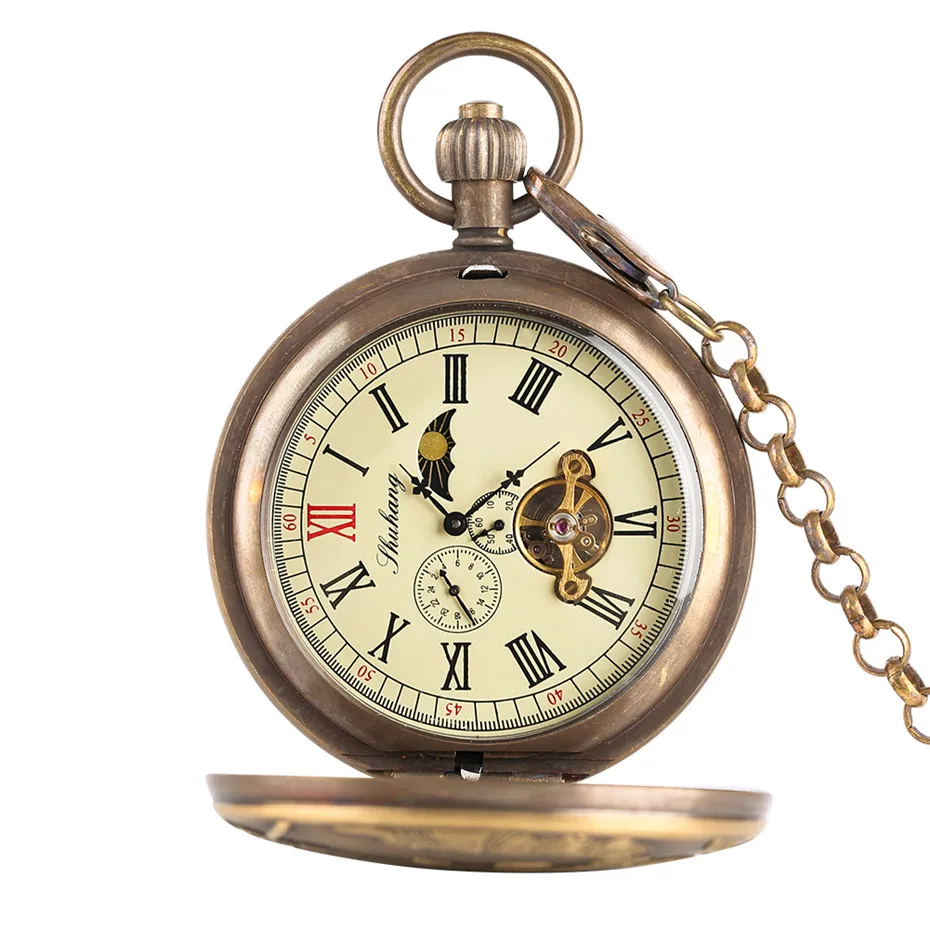 Vintage Luxury Mechanical Pocket Watch Double Hunters Automatic Hand Winding Pure Copper Pendant Clock Antique Clock 4