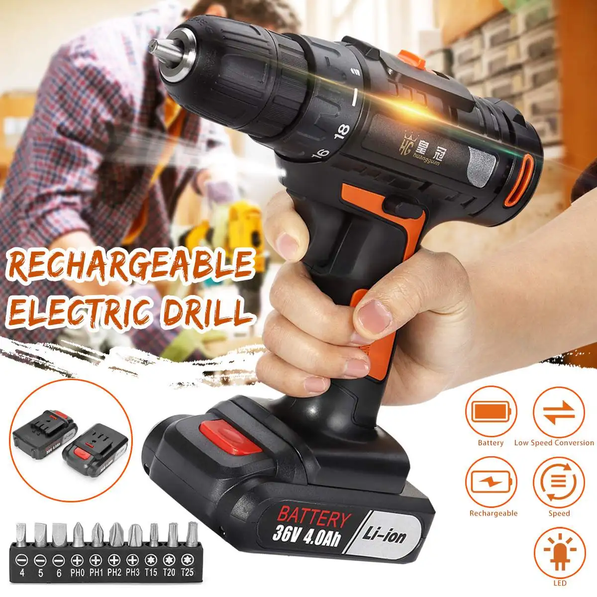 

36V 2 Speed Cordless Rechargeable Battery Electric Drill Screwdriver + Screw Set for DIY Home and General Building 1300R/min