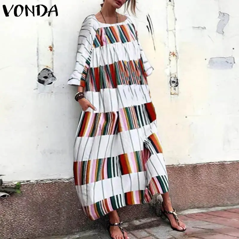 

VONDA Patchwork Dress Women 2019 Spring Autumn Maxi Long Dress Casual Loose Plaid 3/4 Sleeve O-Neck Pockets Vestidos Plus Size