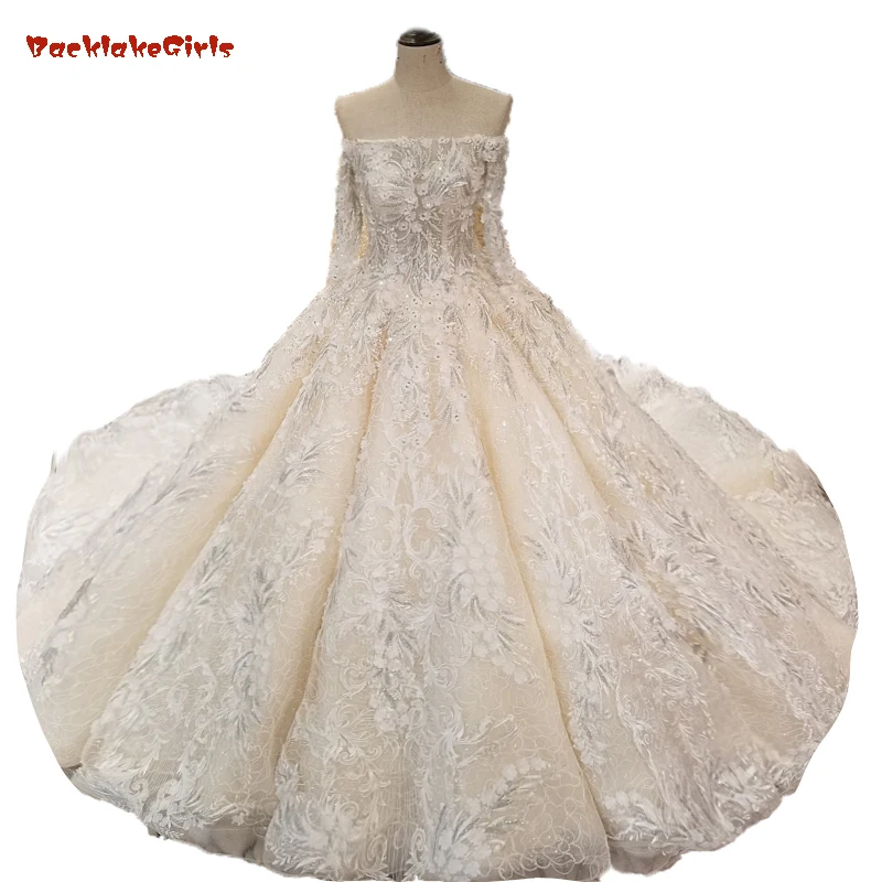 

Champagne Wedding Dress Ball Gown Lace up Back Harf Sleeves Real Photo Silver Lace Luxurious Lace Appliques Vestido Casamento