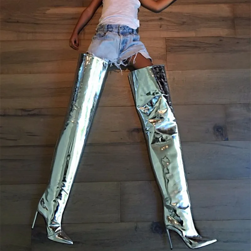 

Metallic Leather Thigh-high Boots Stylish Shoes For Womens Pointed Toe Patent Leather Tall Women Pants High Heels Ladies Shoes