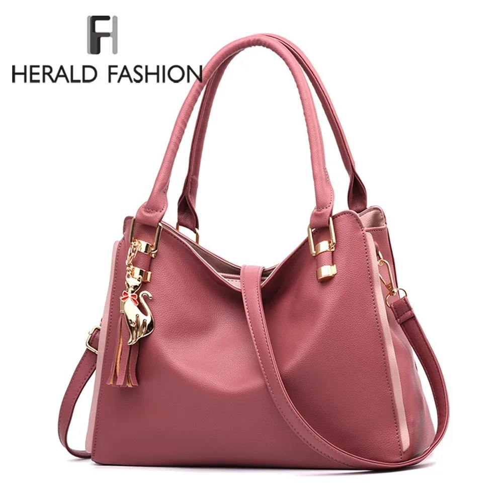 هيرالد أزياء النساء حقائب جلدية الإناث حقيبة كتف عارضة حمل Crossbody حقيبة الأعلى مقبض حقيبة مع شرابة و القط قلادة