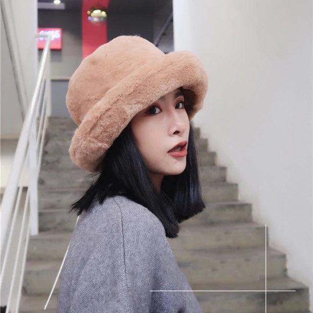 

Drop ship New Pattern Flat Plush bucket hat women winter Solid Color Keep Warm Fisherman Fur Hat Warm Large caps Bucket Hats