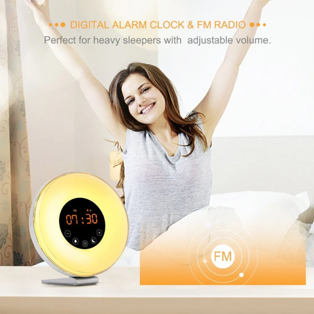 

Time Display LED Touch Smart Night Light Snooze Simulation Sunset Sunrise Round With FM Radio Bedside Lamp Alarm Clock Wake Up#3