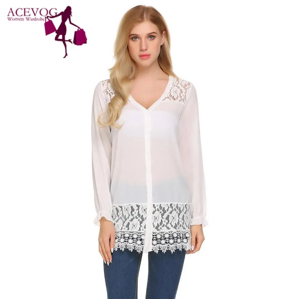 ACEVOG Women Lace T-Shirts Tops Spring Summer Casual V-Neck Long Sleeve Autumn Patchwork Elastic Ruffle Cuffs Sexy T-Shirts ACEVOG Women Lace T-Shirts Tops Spring Summer Casual V-Neck Long Sleeve Autumn Patchwork Elastic Ruffle Cuffs Sexy T-Shirts