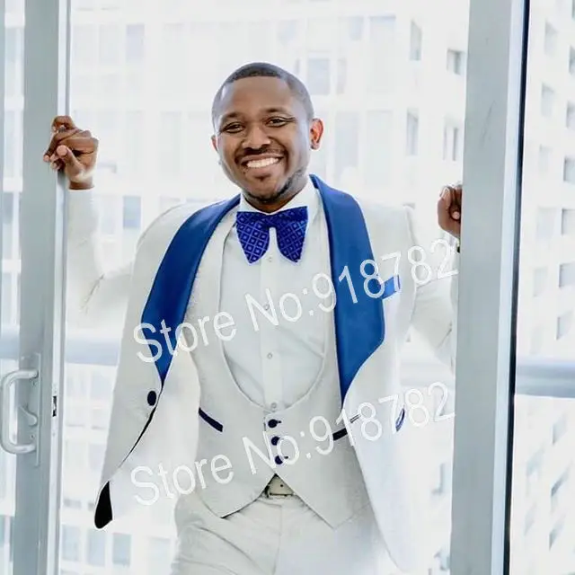 Terno Masculino 2019 Белый Жаккардовый костюм с синим отворотом 3 шт костюмы для мужчин Slim Fit смокинг костюм жениха свадебный костюм для мужчин