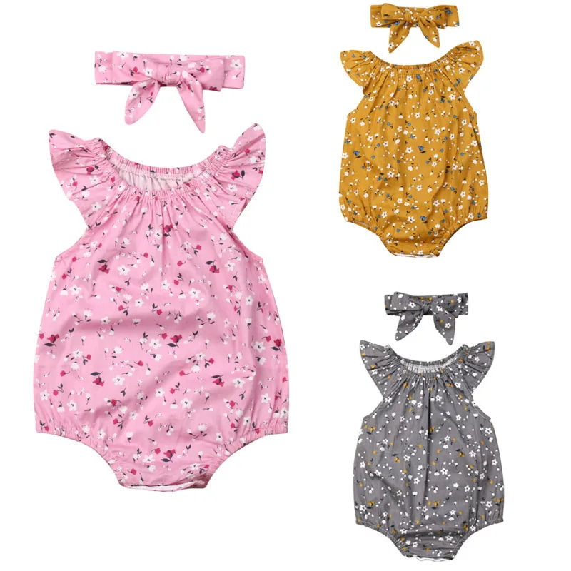 

Cute Newborn Baby Girl Fly Sleeve Floral Baby Bodysuit Jumpsuit Headband 2PCS Outfits Princess Girls Clothes