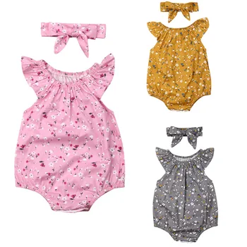 

Cute Newborn Baby Girl Fly Sleeve Floral Baby Bodysuit Jumpsuit Headband 2PCS Outfits Princess Girls Clothes