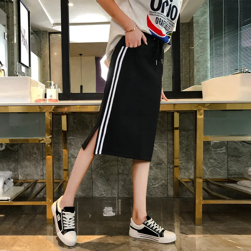 

Vent Summer And Fall Long Fund A Step Skirt Student Movement Leisure Time Package Hip Skirt Women Stripe Straight Canister Skirt