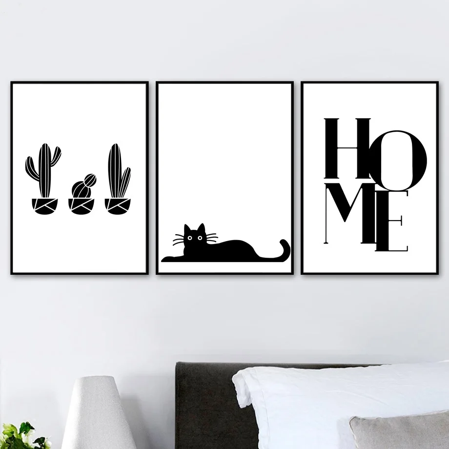 

Tropical Cactus Cat Home Black White Wall Art Canvas Painting Nordic Posters And Prints Wall Pictures For Living Room Home Decor