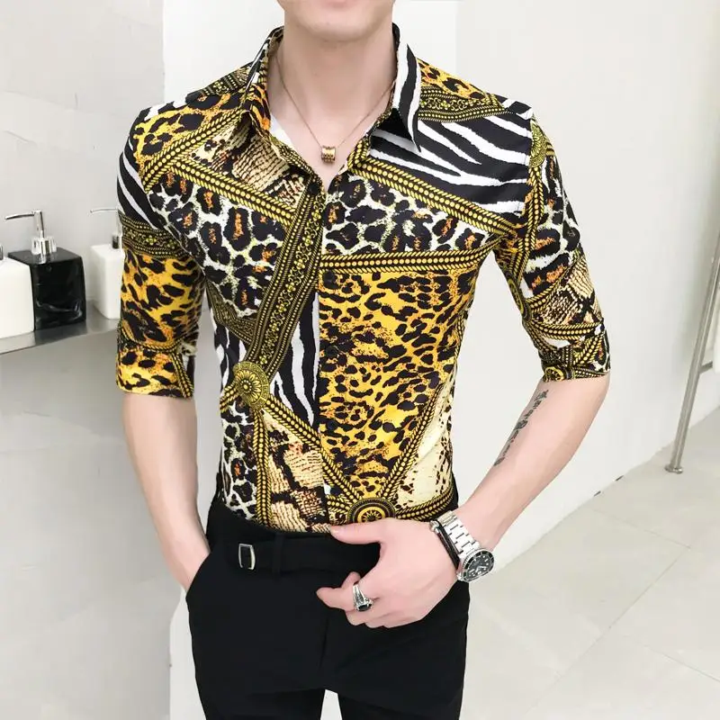 

Camisa Mens Shirts Fashion Leopard Social Shirt for Men Half sleeve Hip hop Slim Blouse Men's Clothes Summer Yellow Coffee